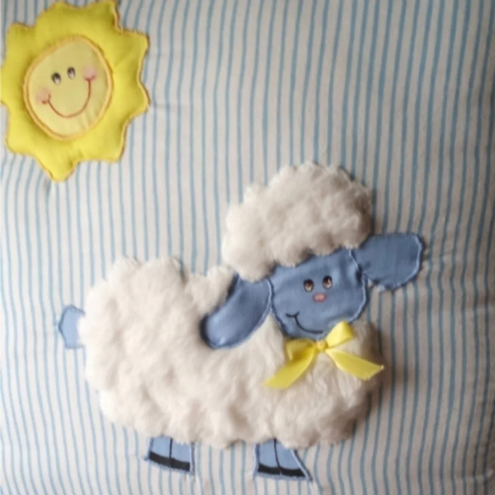 Nursery Pillow Cushion with Fluffy Sheep and Bright Sun appliques  Eyelet trim